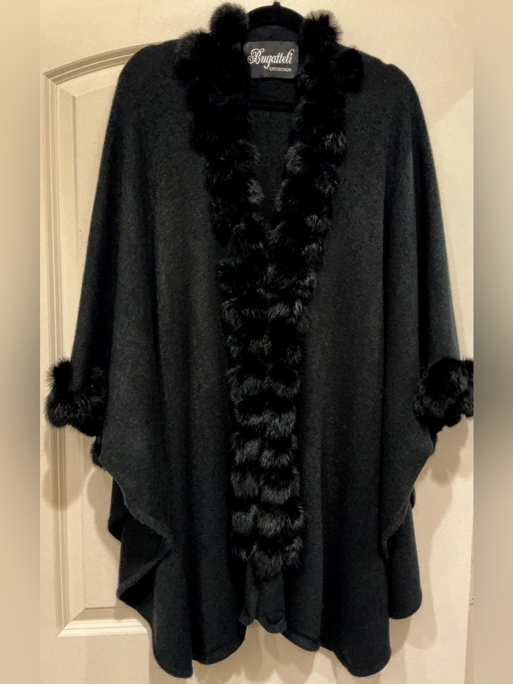 Bugatteli Collection Luxury Black Open Front Fur Trim Cape Jacket One Size